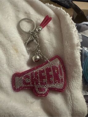 Pink Rhinestone 'Queen' Pom Tassel Keychain